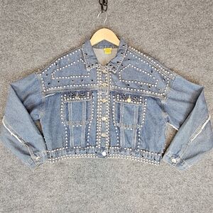Sparkle & Edge: Studded "Daisy" Cropped Denim Jacket‎